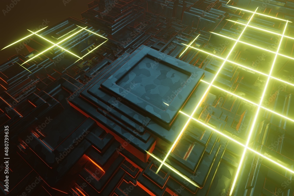 Poster Computer processor chip on a circuit board with microchips. AI. Circuit board. Technology background. Central Computer Processors CPU.  3d rendering illustration. Background pattern for design.