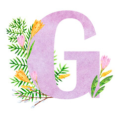 Watercolor composition from the letter G with floral elements tulips and twigs for the design and decoration of texts, congratulations, scrapbooking, invitations