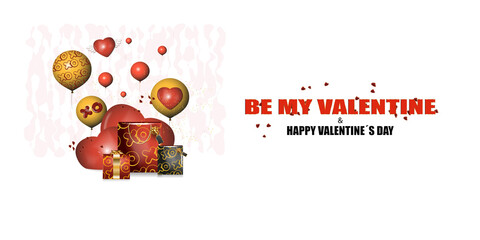 Half-buried hearts decorated with yellow balloons with red Valentine's patterns, gift boxes, gift bags and text on a white background
