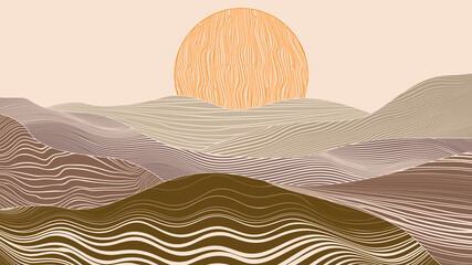 Modern poster with minimalist design elements . mountains and sunset in Boho style  . Wall art , home deco . Vector abstract shape.