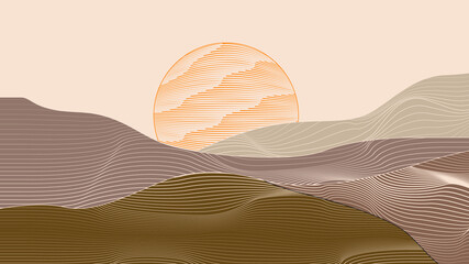 Modern poster with minimalist design elements . mountains and sunset in Boho style  . Wall art , home deco . Vector abstract shape.