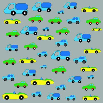 Pattern of multicolored cute cars on a monochrome background. Cartoon cars, trucks, convertibles for little kids template, design for kids