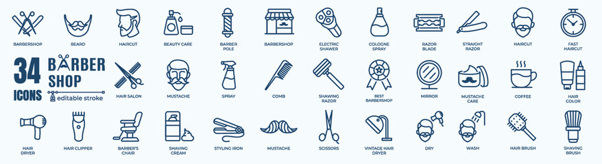 Barbershop icons - minimal editable thin line web illustration set. Outline icons collection. Simple vector illustration.