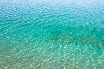 Background, texture of relaxing, calm turquoise, transparent sea water with stones, slabs, lump, coral. Summer vacation. Blue ocean lagoon. Drone, copter top view.
