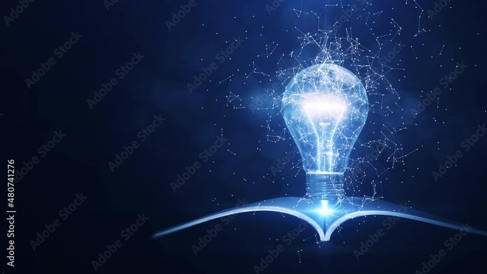 Fototapete Learning from books or textbooks and the Internet helps create new ideas. Slowly moving interconnected polygons surround a glowing electric light bulb with a book underneath. dark blue background.