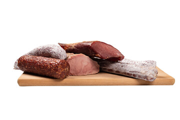 Various of meat, smoked meat, sausage, salami isolated on a white.