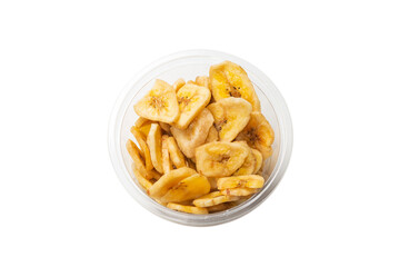 Banana chips isolated on a white background. Dehydrated banana.