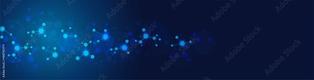 Poster technology background . design of hexagons, cells connected by lines. neon glow, stars. digital netw