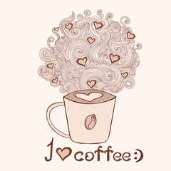 Coffee cup with ornamental smoke with hearts and the text 