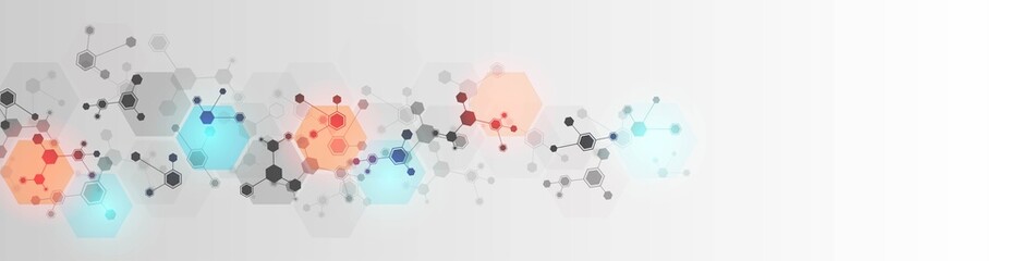 Technology background . Design of hexagons, cells connected by lines. Digital network. Plexus of molecules. Chemical science. Banner social networks, websites, medicine. Vector