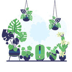 Ultrasonic air humidifier with plants.  Climate technology in the interior.  Greenhouse, apartment, office, winter garden.  Plants and humidity level.  Vector illustration in a flat style.