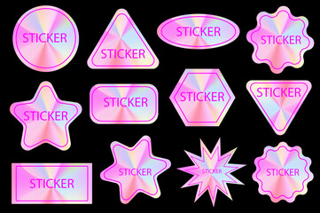 Set of different shapes holographic gradient sticker label in pink gradient. Black background. Vector web design illustration for modern trend design.