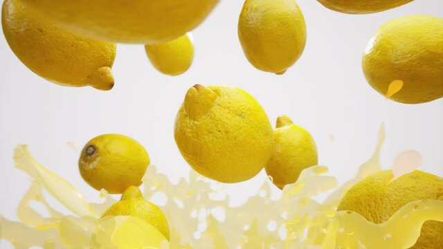 Lemons with lemon juice splash. Сamera flyby slowmo b-roll on white background. Bullet time close-up arc shot