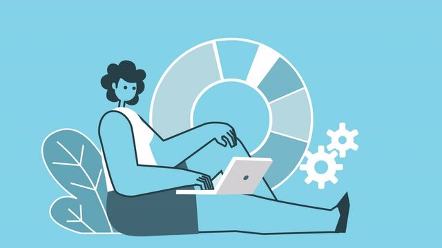 Cartoon woman sitting working on laptop with pie chart. Flat Design 2d Character Animation with Alpha Channal