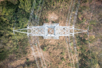 Transmission tower or pylon in aerial view. That substation, utility, infrastructure or steel...