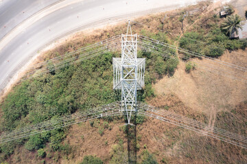 Transmission tower or pylon in aerial view. That substation, utility, infrastructure or steel...