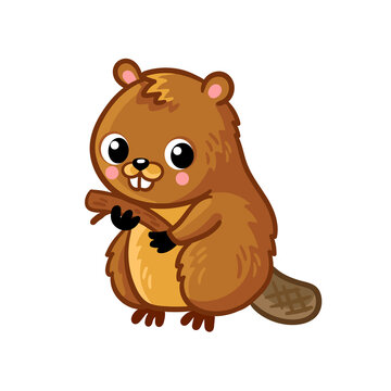 Cute brown beaver sits on a white background. A baby beaver in a cartoon style holds.
