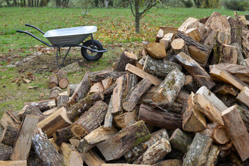 Pile de bois de chauffage en vrac à l'extérieur dans un jardin, avec une brouette vide en...