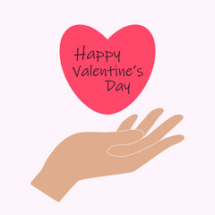 Happy Valentine's Day! Post card, gretting card, print. Red heart in a woman's hand. Vector illustration.