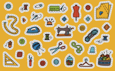 Big vector doodle sewing set of stickers. Vector tailoring tools icons. Sewing mannequin, machine, measuring and cutting supplies, Black outline. Sketch with professions