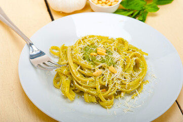 Italian traditional basil pesto pasta ingredients