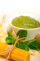 Italian traditional basil pesto pasta ingredients