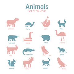 Fototapeta premium Vector simple flat pictograms of animals. Big set icons for zoo 