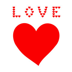 Red heart icon, with text love made from small hearts, isolated on white background