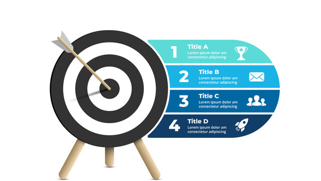 Success Infographic. Business Presentation Slide Template. Arrow Hit The Target. Goal Diagram. Chart With 4 Steps, Options, Processes. 