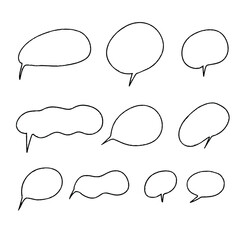 Speech bubble. Hand drawn doodle cloud text. Message, conversation, communication shape. Stock vector black and white set illustration.