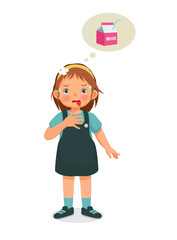 Cute little girl feel so thirsty and sweating thinking of drinking milk