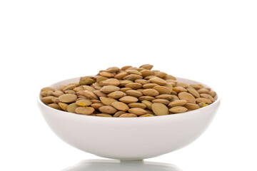 Raw organic green lentils in white ceramic saucer , macro, isolated on white.
