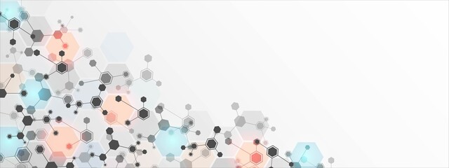 Technology background frame. Design of hexagons, cells connected by lines. Digital network. A plexus of molecules. Chemical science. Banner for social networks, websites, medicine. Vector illustration