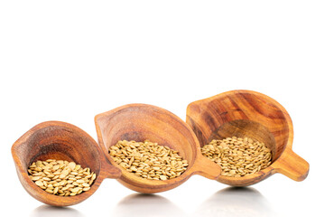 Raw organic green lentils with three wooden cups, macro, isolated on white.