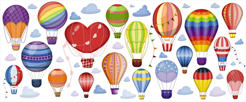 Big set of hot air balloons with clouds. Flat illustration of flying vehicles. Romantic balloons. Sky with tourist balloons for flight. Cartoon style
