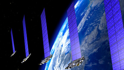internet broadcast satellite train around the earth in illustration 3d