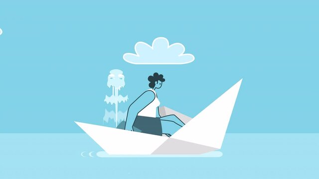 Cartoon woman sailing on a sinking paper boat and scoop out water. Flat Design 2d Character Loop Animation with Alpha Channel