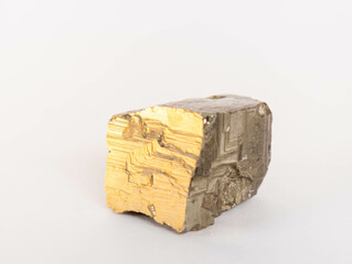 Pyrite isolated single shiny mineral stone, fool's gold, cubic gems, on white limbo background