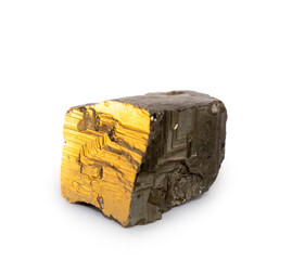 Pyrite isolated single shiny mineral stone, fool's gold, cubic gems, on white limbo background