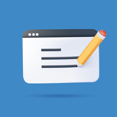 Copywriting, writing icon. Document concept. Web page and pencil. 3d vector illustration. Editable online document.
