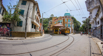 Brazil, Rio de Janeiro, February 2016, yellow tram on the street of Rio de Janeiro