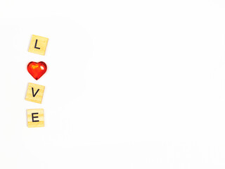 The word Love with Red Hearts on a White Background. Love Concept, Valentine's Day, Congratulations.