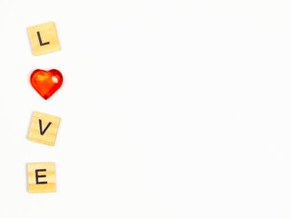 The word Love with Red Hearts on a White Background. Love Concept, Valentine's Day, Congratulations.