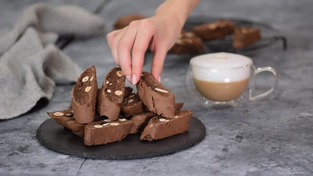 Close up of homemade chocolate and hazelnuts cookies, traditional italian biscotti or cantucci.