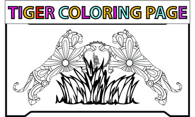 Art therapy coloring page. Coloring Book for adults and children. Colouring pictures with tiger. Antistress freehand sketch drawing with doodle and zentangle elements.