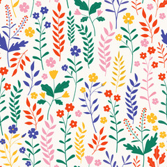 Vintage botanical seamless pattern with wild herbs, flowers, branches and leaves on white. Vector illustrations of forest flora. Hand drawn colorful floral elements. Background for textile and print