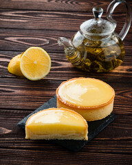 Lemon pie with citrus fruits. Traditional french sweet pastry tart