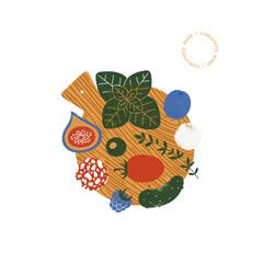 Charcuterie illustration. Appetizers board with various food. Antipasti board. Catering composition. 