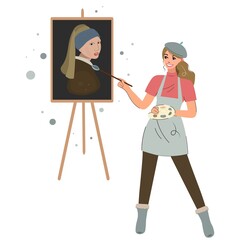 The artist draws a girl with an earring on canvas. Creative smiling woman is learning to draw paintings by famous artists. Work and study at home, freelance. Vector cartoon flat illustration.