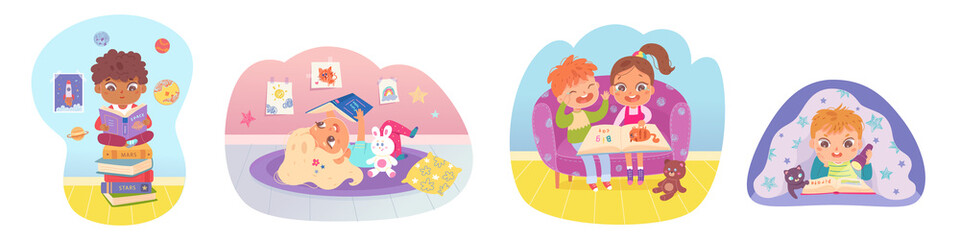 Kids read books, children study, boy and girl sitting in chair together or lying on floor